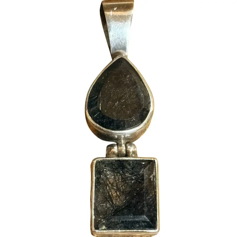 Sterling Silver & Tourmalinated Quartz Pendant Vintage 2.10 Inches Long